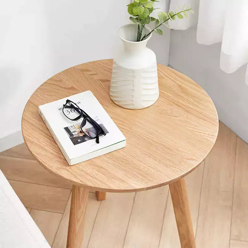 Mesa auxiliar redonda de madera maciza de roble 100% natural, mesa de centro auxiliar de tres patas, mesita de noche para sala de estar o dormitorio