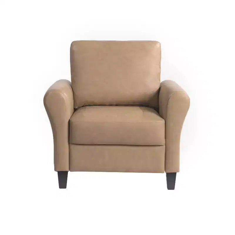 Sillón decorativo de piel vegana marrón claro con reposabrazos enrollados