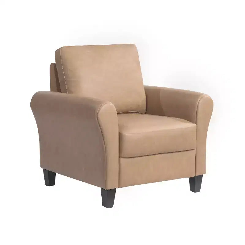 Sillón decorativo de piel vegana marrón claro con reposabrazos enrollados