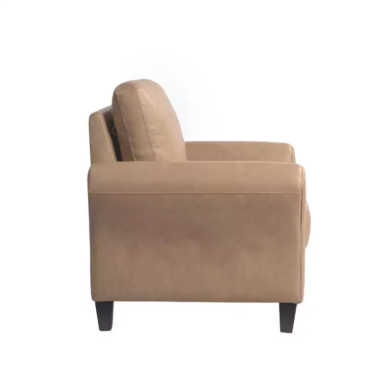 Sillón decorativo de piel vegana marrón claro con reposabrazos enrollados