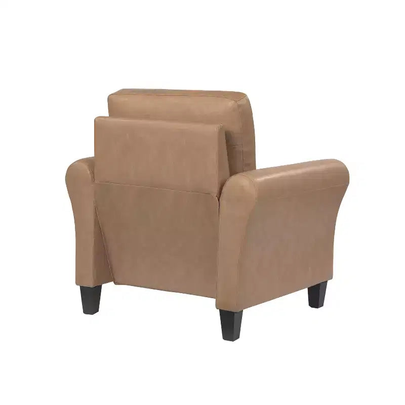 Sillón decorativo de piel vegana marrón claro con reposabrazos enrollados