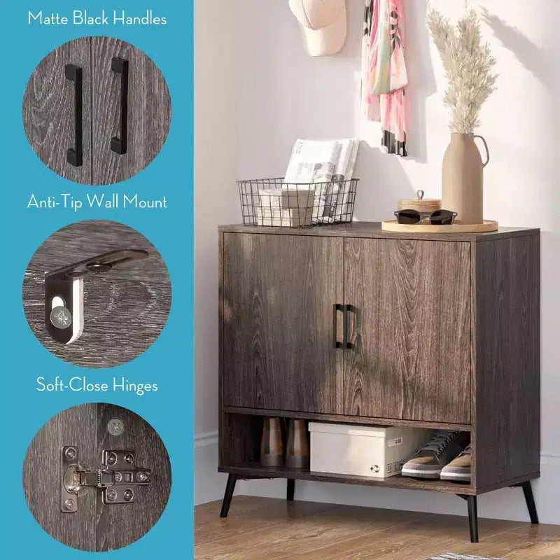 Zapatero organizador para 12 pares, mueble de almacenamiento para entrada con estantes interiores abiertos y ajustables, acabado de madera envejecida