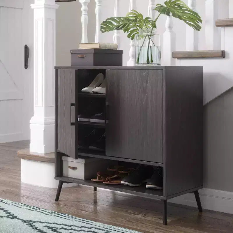 Zapatero organizador para 12 pares, mueble de almacenamiento para entrada con estantes interiores abiertos y ajustables, acabado de madera envejecida