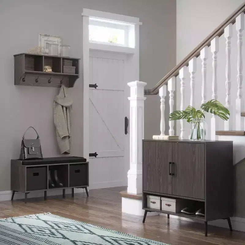 Zapatero organizador para 12 pares, mueble de almacenamiento para entrada con estantes interiores abiertos y ajustables, acabado de madera envejecida