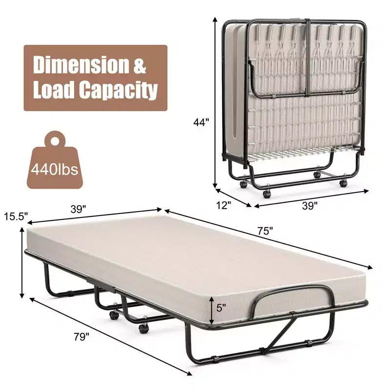 Cama Plegable con Colchón de Espuma Viscoelástica, Cama Nido Portátil para Invitados, Beige, Hecha en Italia