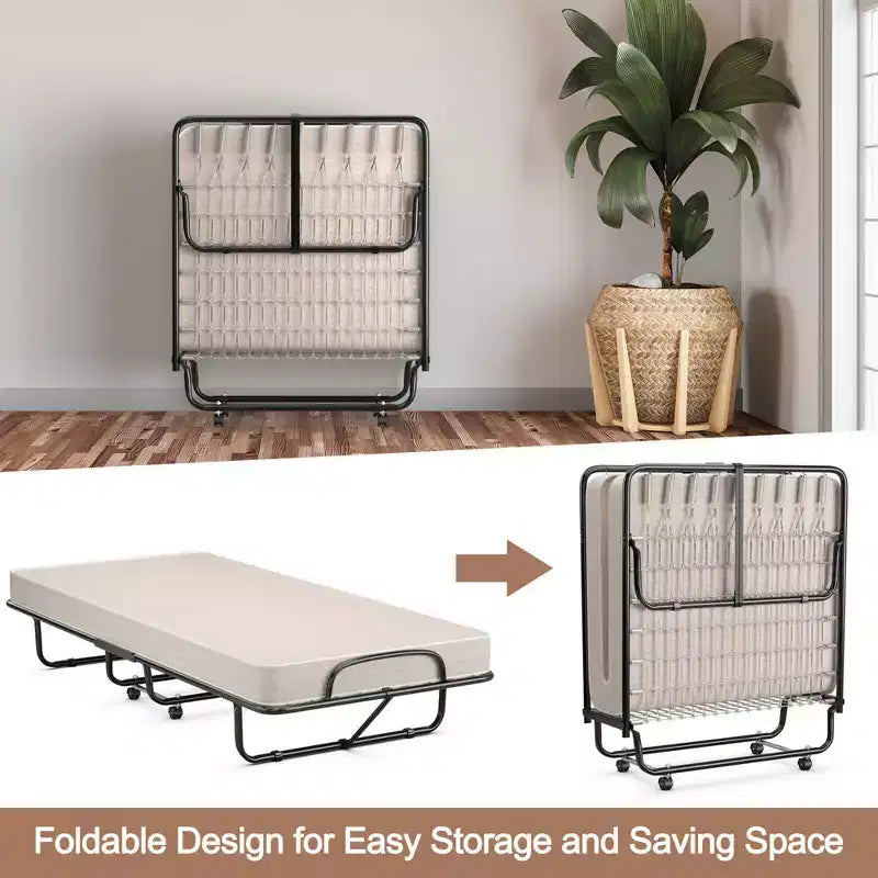 Cama Plegable con Colchón de Espuma Viscoelástica, Cama Nido Portátil para Invitados, Beige, Hecha en Italia