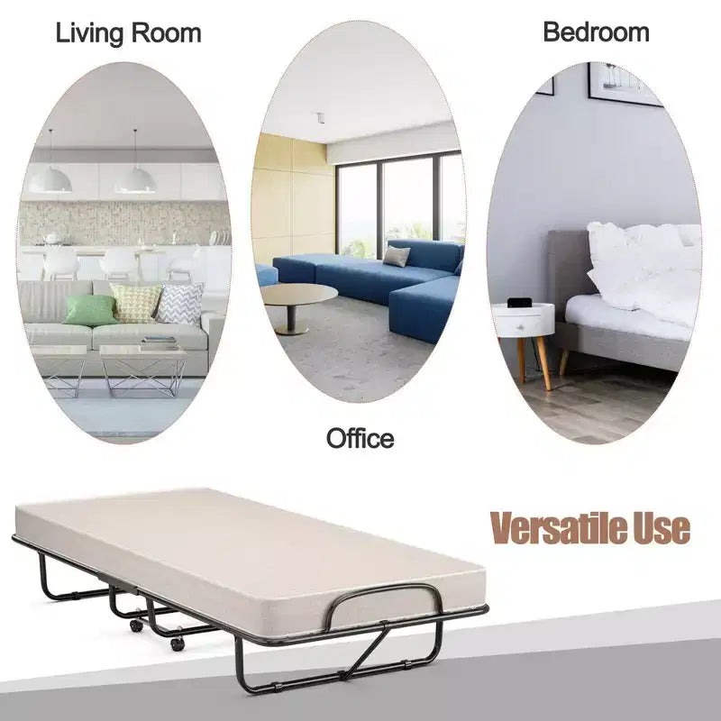 Cama Plegable con Colchón de Espuma Viscoelástica, Cama Nido Portátil para Invitados, Beige, Hecha en Italia