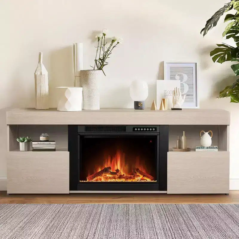 R.W.FLAME 59 Fireplace Tv Stand Mantel Wood Surround Firebox Freestanding, Infrared Quartz Heater Adjustable Led Flame, Remote Control