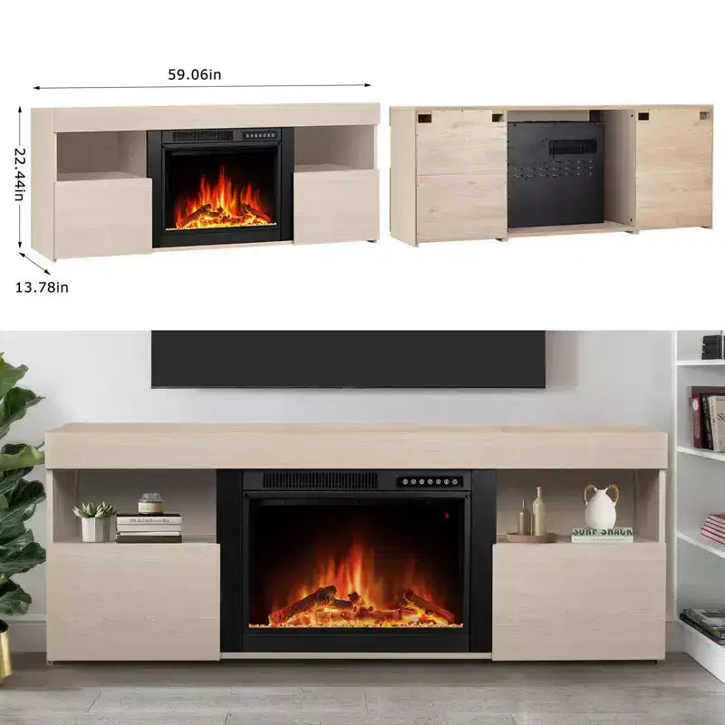 Mueble de TV para Chimenea de 59", Marco de Madera para Chimenea Independiente, Calefactor de Cuarzo Infrarrojo, Llama LED Ajustable, Control Remoto