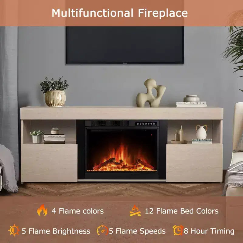 Mueble de TV para Chimenea de 59", Marco de Madera para Chimenea Independiente, Calefactor de Cuarzo Infrarrojo, Llama LED Ajustable, Control Remoto