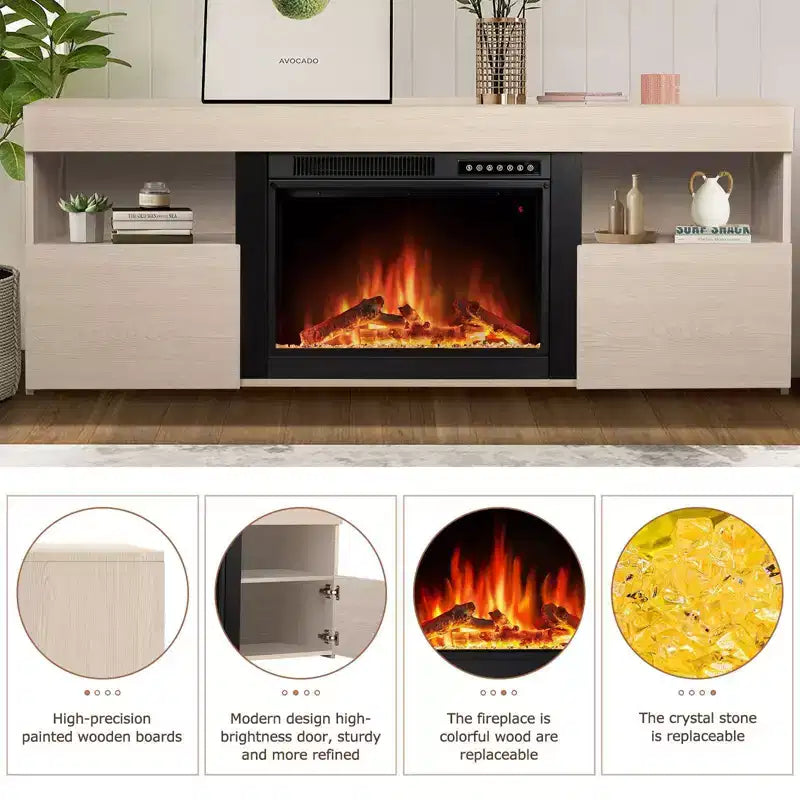 Mueble de TV para Chimenea de 59", Marco de Madera para Chimenea Independiente, Calefactor de Cuarzo Infrarrojo, Llama LED Ajustable, Control Remoto