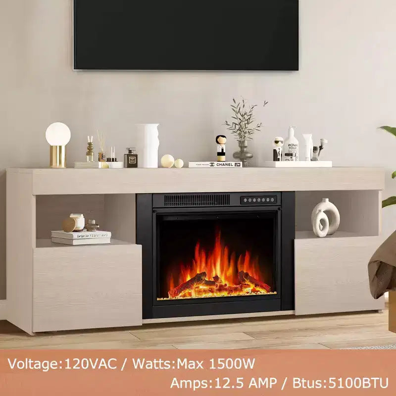 Mueble de TV para Chimenea de 59", Marco de Madera para Chimenea Independiente, Calefactor de Cuarzo Infrarrojo, Llama LED Ajustable, Control Remoto