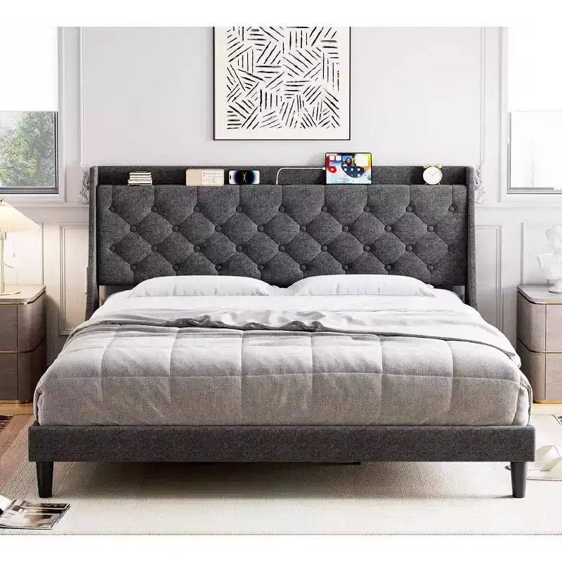 Garvee King Size Bed Frame with Charging Ports & Storage Shelf, Upholstered Platform Bed with Wingback Headboard, No Box Spring Needed, Gray