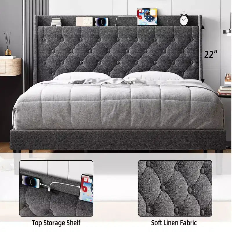 Base de cama King Size con puertos de carga y estante de almacenamiento, cama de plataforma tapizada con cabecero de ala, no necesita somier, gris