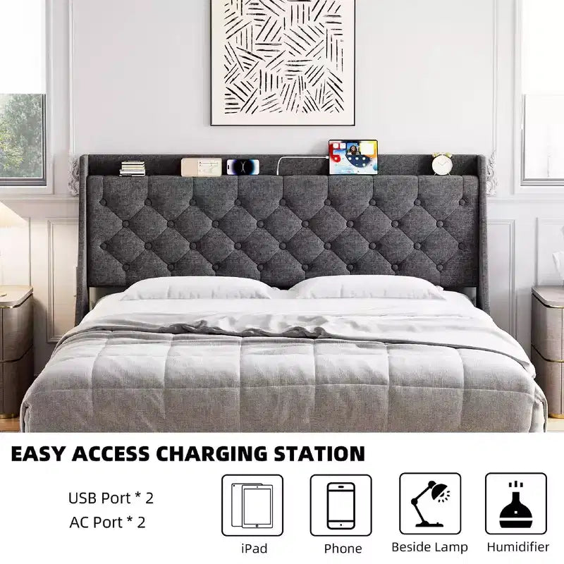 Base de cama King Size con puertos de carga y estante de almacenamiento, cama de plataforma tapizada con cabecero de ala, no necesita somier, gris