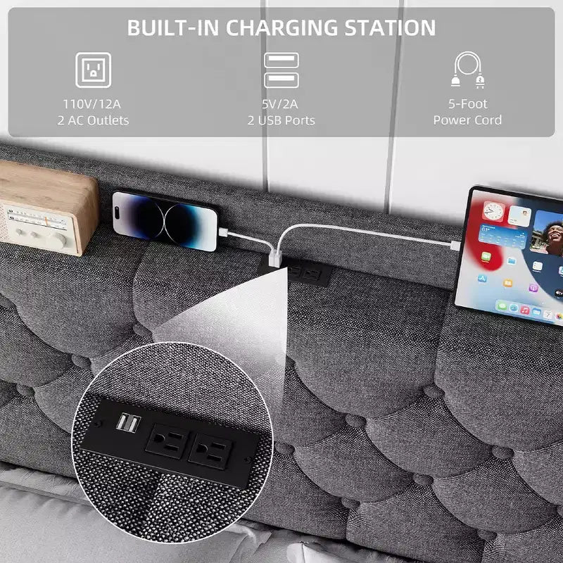 Base de cama King Size con puertos de carga y estante de almacenamiento, cama de plataforma tapizada con cabecero de ala, no necesita somier, gris