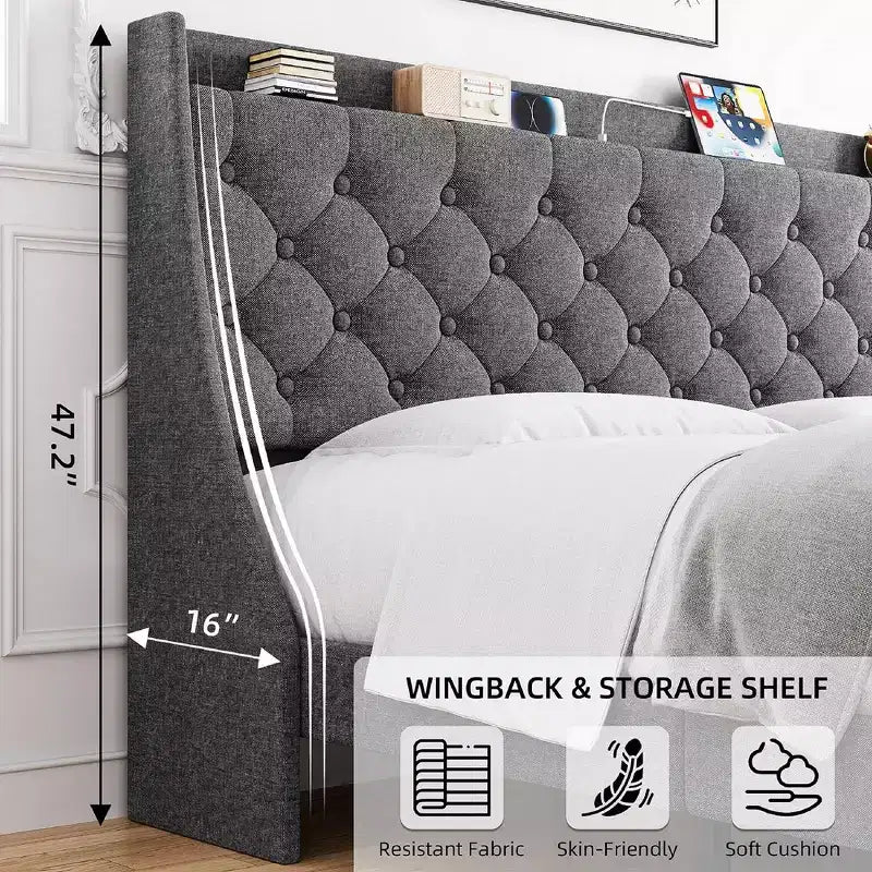Base de cama King Size con puertos de carga y estante de almacenamiento, cama de plataforma tapizada con cabecero de ala, no necesita somier, gris