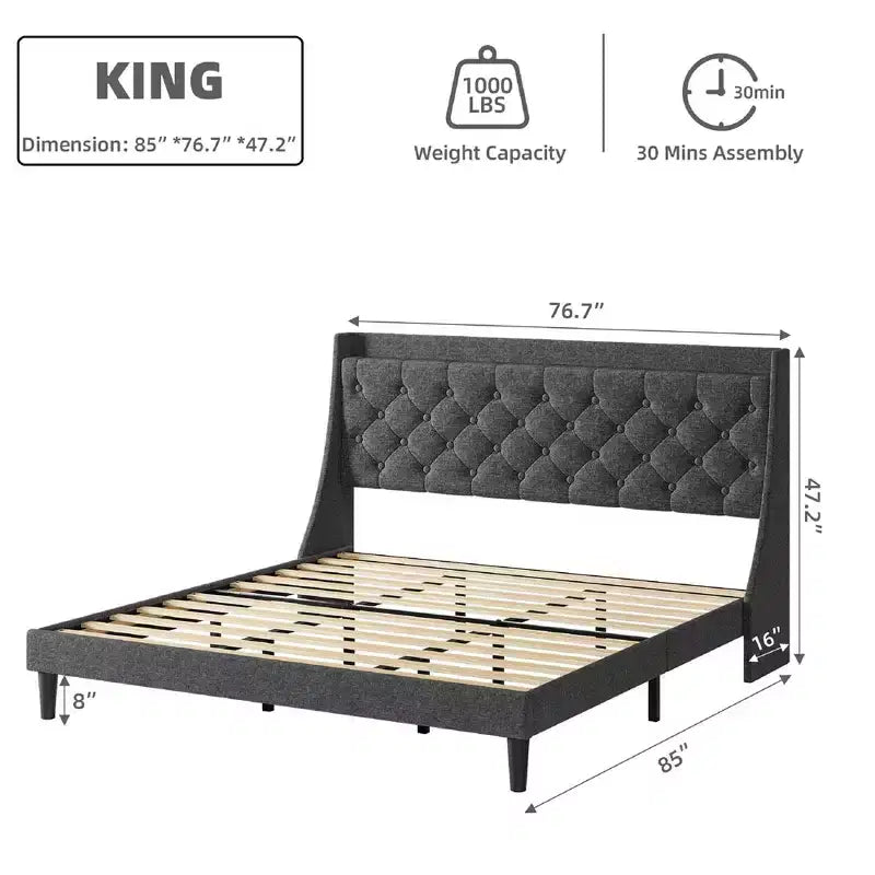 Base de cama King Size con puertos de carga y estante de almacenamiento, cama de plataforma tapizada con cabecero de ala, no necesita somier, gris